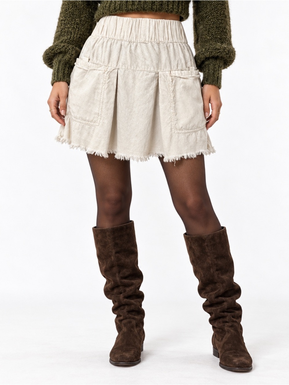 Free People Mariposa Ivory Cotton Utility Boho Mini Skirt Raw Hem XS